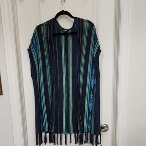 Chaps Navy, Teal & Aqua Striped Fringe Open Cardigan